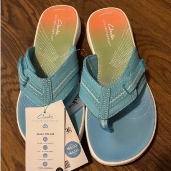 Clarks Cloud Steppers Breeze Sea Flip Flops Turquoise/Coral Ombre 🆕⌚📦🏃💨🚚 - Picture 15 of 16